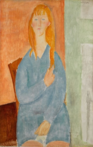Amedeo Modigliani, Jeune fille assise, les cheveux dénoués (Jeune fille en bleu), 1919 | Article on ArtWizard